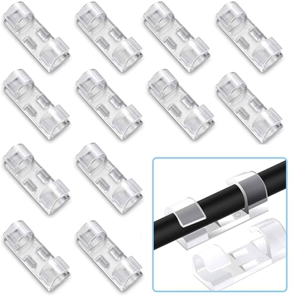 Clear curtain rod holders on a white background with an inset showing their use on a curtain rod.
