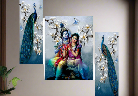 (Set of 3) Radha Krishna with Couple Peacock UV Textured Home Decorative Gift Item Self Adeshive Painting 18 Inch X 12 Inch