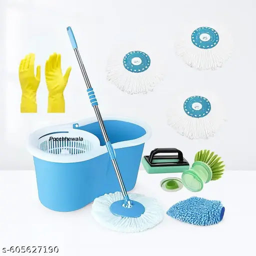 Cleaning tool set with mop, bucket, gloves, and scrubber on a white background