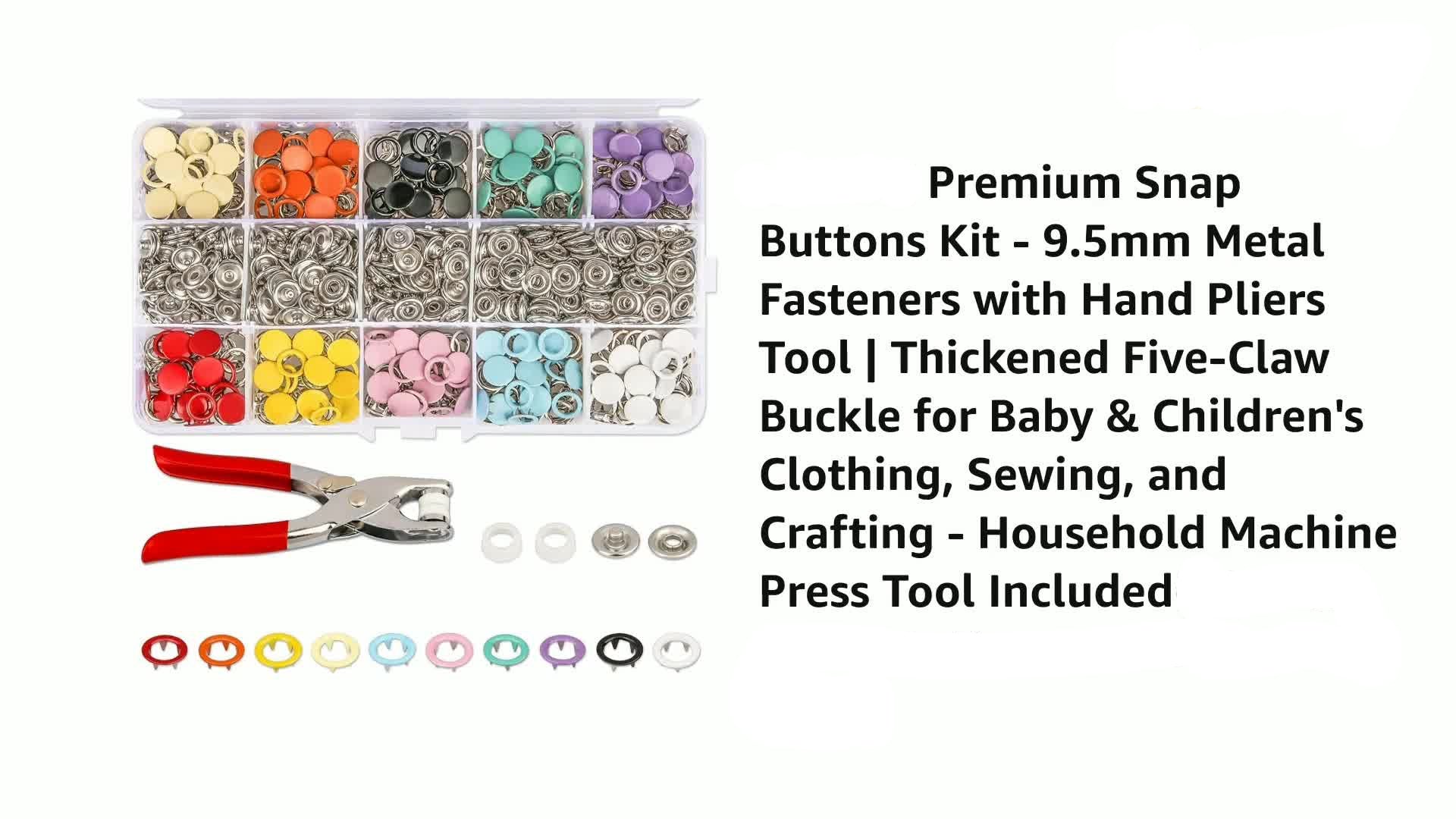 Premium Snap Buttons Kit with metal fasteners, pliers, and colourful buttons on a white background.