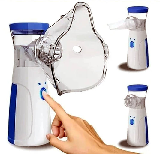 Inhaler device with clear mask and blue accents, shown with a hand pressing a button.
