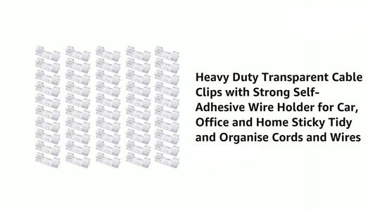Heavy-duty transparent cable clips with self-adhesive wire holder on a white background