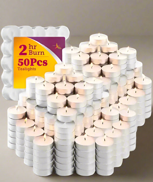Pack of 40 white tea light candles with a visible brand label on a white background